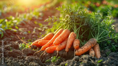 close up of bunch of carrots on the ground in an organic farm with soft sunset light, closeup view. fresh vegetables from garden background. 