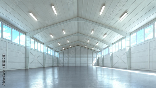 Interior of a bright hangar. industrial premises. 3d illustration © vipman4