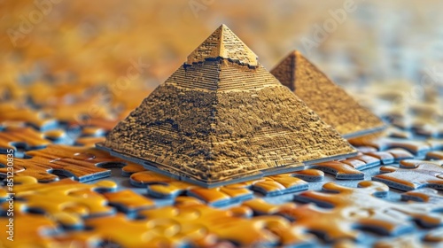 A solitary jigsaw piece reveals the iconic Pyramids of Giza against a vibrant orange backdrop, creating a striking and lifelike image. Created with Generative AI. photo