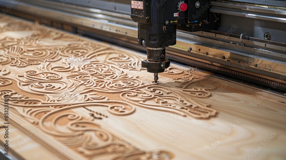 Examining a CNC machine precisely carving an intricate plywood design, showcasing modern woodworking tech.