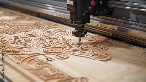 Obraz na płótnie Examining a CNC machine precisely carving an intricate plywood design, showcasing modern woodworking tech. w salonie