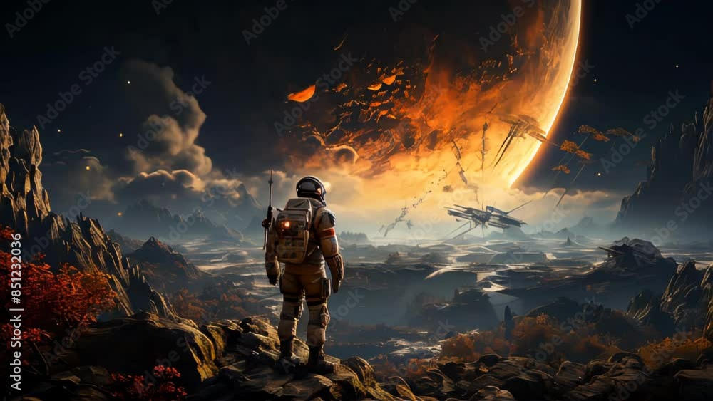 Astronaut in a spacesuit on an asteroid or planet moon in outer space Astronaut in a spacesuit on an asteroid or planet moon in outer space