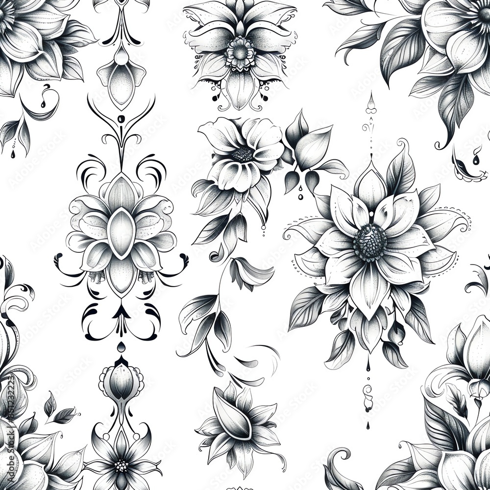 Artistic rendering of a floral design tattoo on clear skin, featuring intricate flowers and leaves in a symmetrical layout, perfect for personal expression--style raw Artistic rendering of a floral design tattoo on clear skin, featuring intricate flowers and leaves in a symmetrical layout, perfect for personal expression--style raw