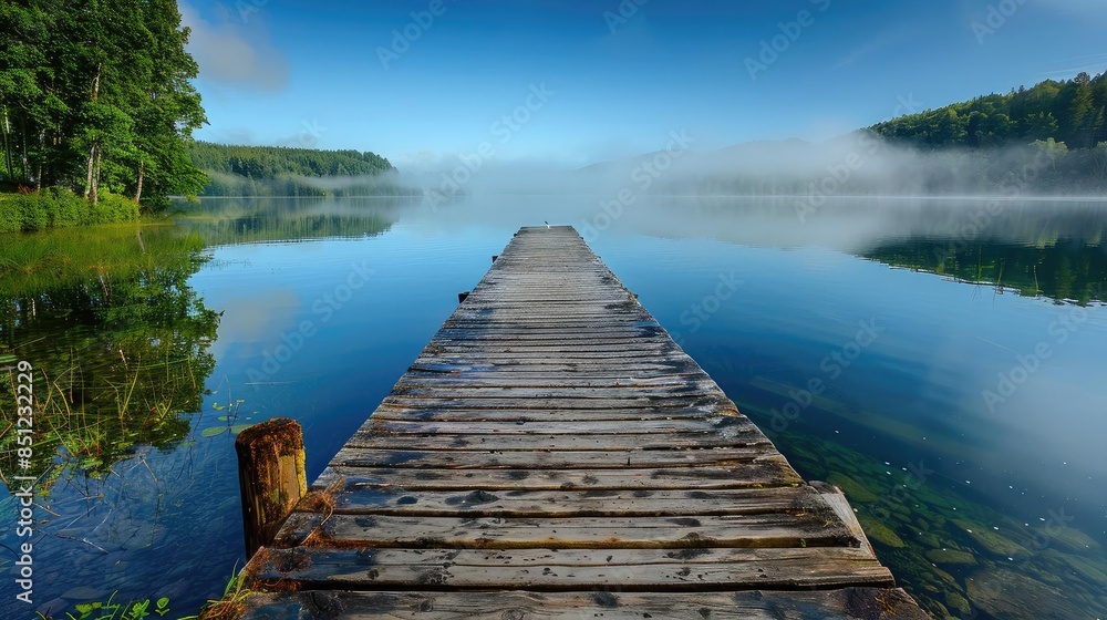 Fototapeta premium Tranquil morning at a wooden dock over a calm lake surrounded by lush greenery and misty hills under a clear blue sky.