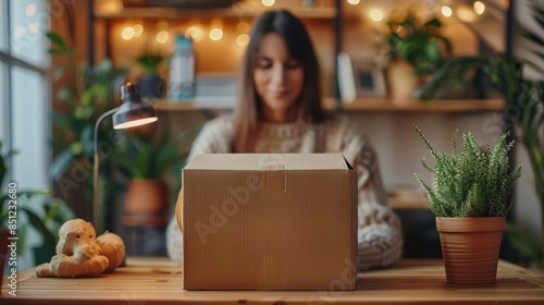 Entrepreneurial women managing online orders from home with cardboard box and packing supplies on desk