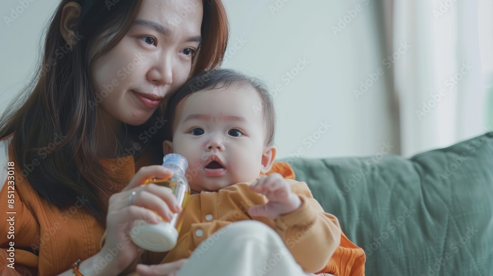 A mother holding her baby, feeding him a bottle, A mother holding her baby, feeding him a bottle,