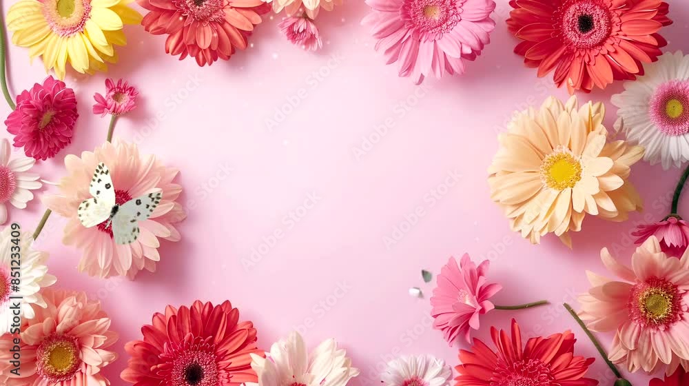 Frame of flowers with butterflies on pink background. Seamless looping time-lapse 4k video animation background Frame of flowers with butterflies on pink background. Seamless looping time-lapse 4k video animation background