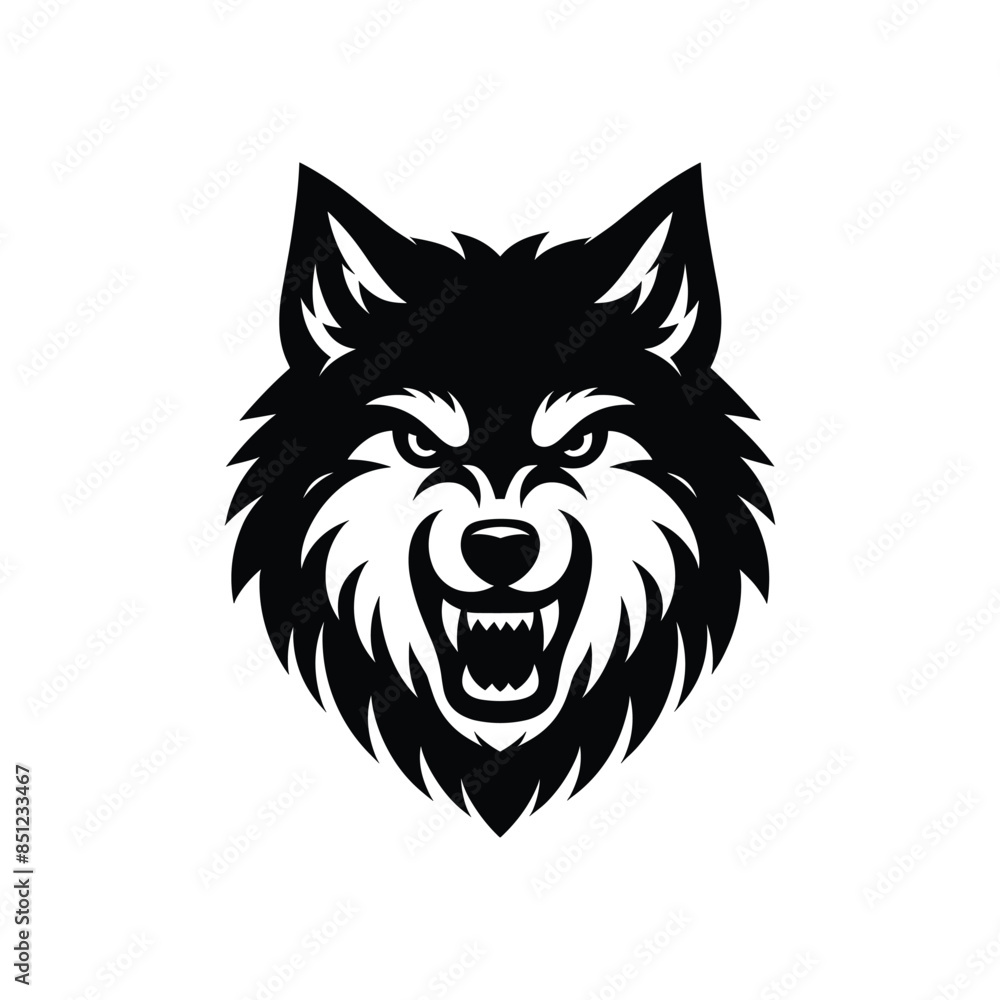 Obraz premium Fierce Wolf Head Vector Logo - Detailed Black and White Animal Illustration
