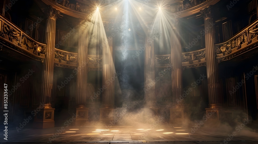 Fototapeta premium Elegance and Grandeur of a Historic Theater Stage with Dramatic Lighting and Smoke