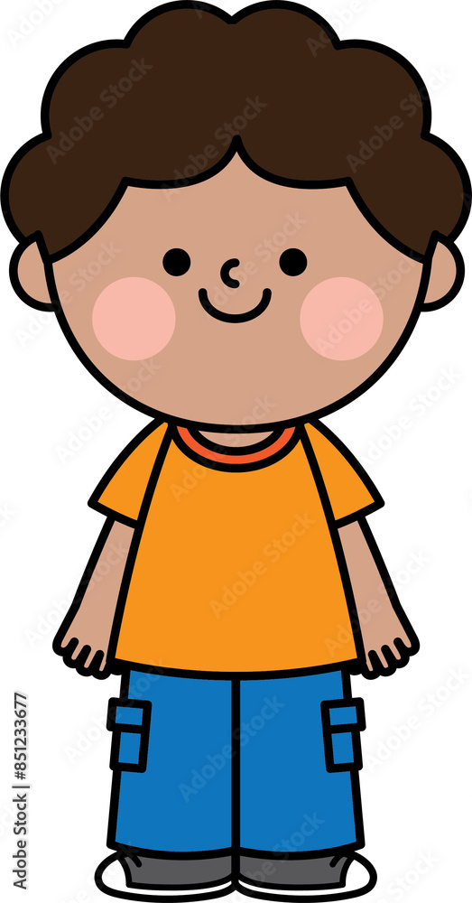 Illustration of a cute boy with black hair wearing an orange shirt and blue cargo pants standing and smiling. Illustration of a cute boy with black hair wearing an orange shirt and blue cargo pants standing and smiling.