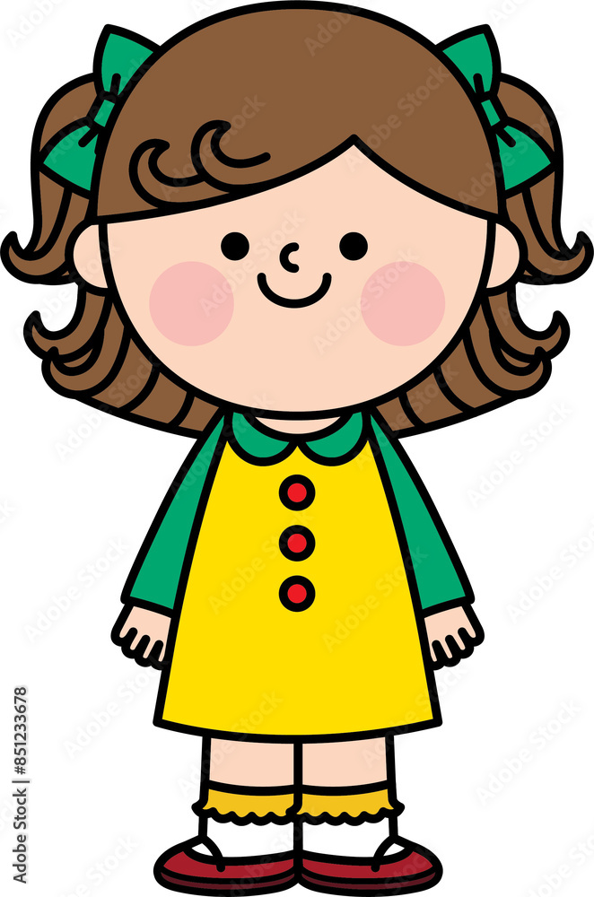 Illustration of a cute girl with short brown hair wearing a green-yellow dress standing and smiling. Illustration of a cute girl with short brown hair wearing a green-yellow dress standing and smiling.