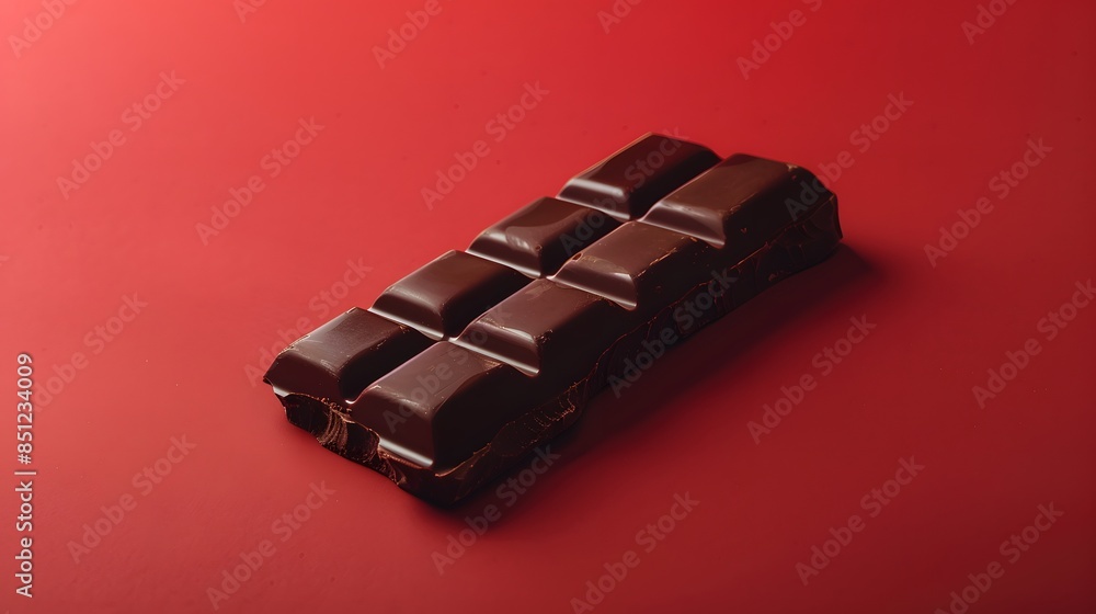 Close-up of a dark chocolate bar on a red background, showcasing its rich texture and smooth chunks. Close-up of a dark chocolate bar on a red background, showcasing its rich texture and smooth chunks.