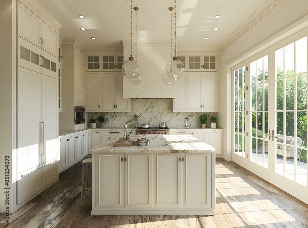 Fototapeta premium An illustration of a kitchen with a large island and a marble backsplash