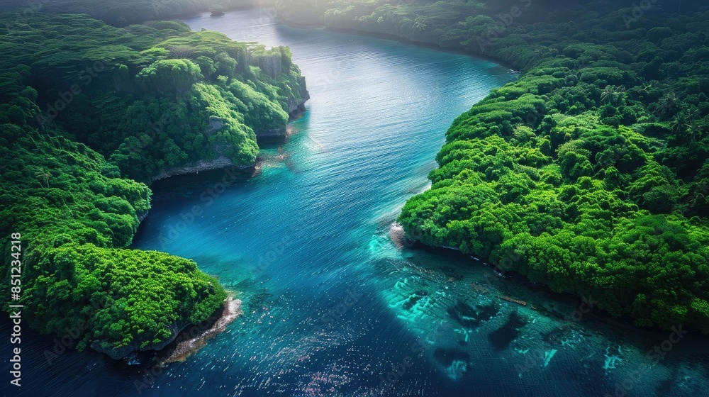 A stunning aerial view of a lush green coastline with crystal-clear blue waters and dense forest, offering a serene and picturesque landscape. A stunning aerial view of a lush green coastline with crystal-clear blue waters and dense forest, offering a serene and picturesque landscape.