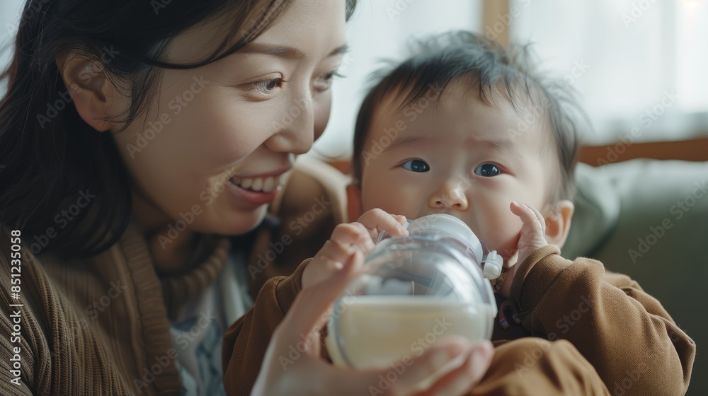 A mother holding her baby, feeding him a bottle, A mother holding her baby, feeding him a bottle,