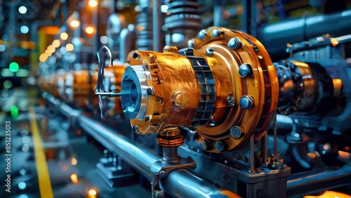 Industrial equipment in a factory. Industrial background of an oil refinery with pipes, valves and pumps