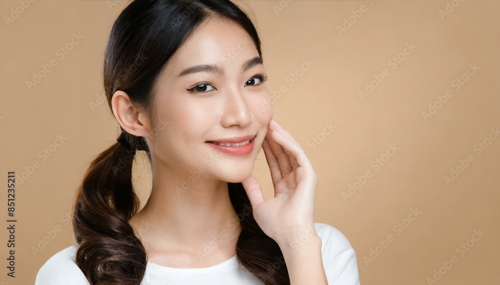 portrait of a woman, beautiful young asian woman with clean skin on beige background portrait of a woman, beautiful young asian woman with clean skin on beige background