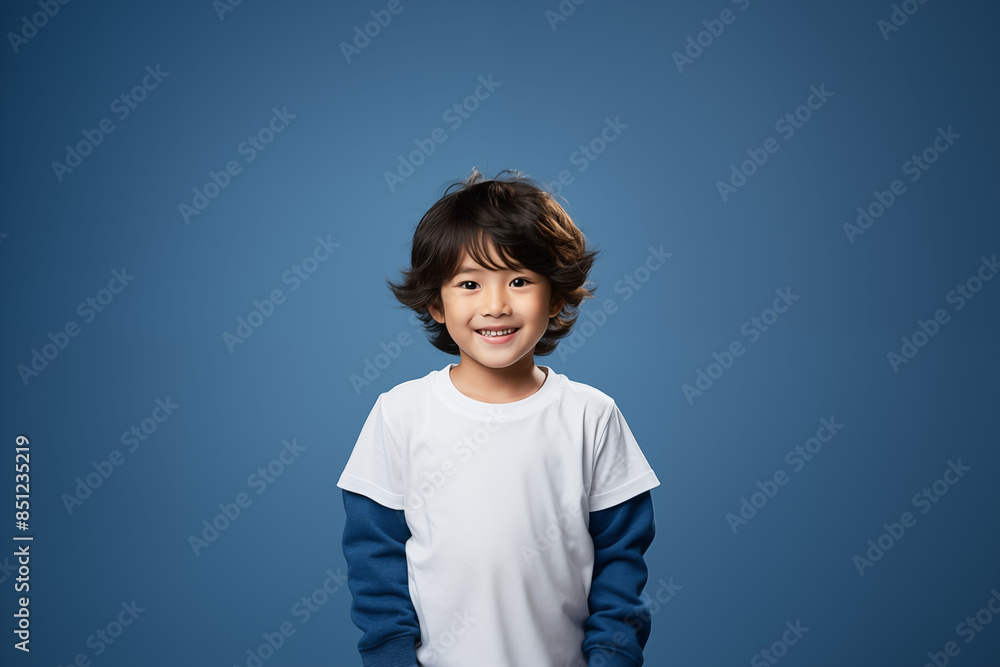 Portrait of an Asian kid wearing a blue outfit on an isolated background with copy space Portrait of an Asian kid wearing a blue outfit on an isolated background with copy space