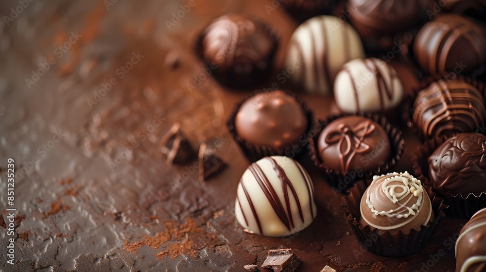 Assorted gourmet chocolates on rustic table with diverse flavors and artisanal designs Assorted gourmet chocolates on rustic table with diverse flavors and artisanal designs
