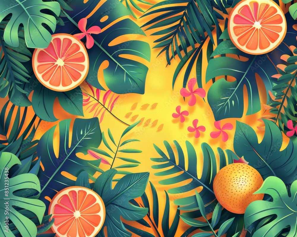 A tropical scene with a bunch of oranges and leaves A tropical scene with a bunch of oranges and leaves