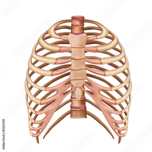 Bones of the human chest. Front view. Human anatomy. Medical science poster. Vector 3d illustration isolated on white background.