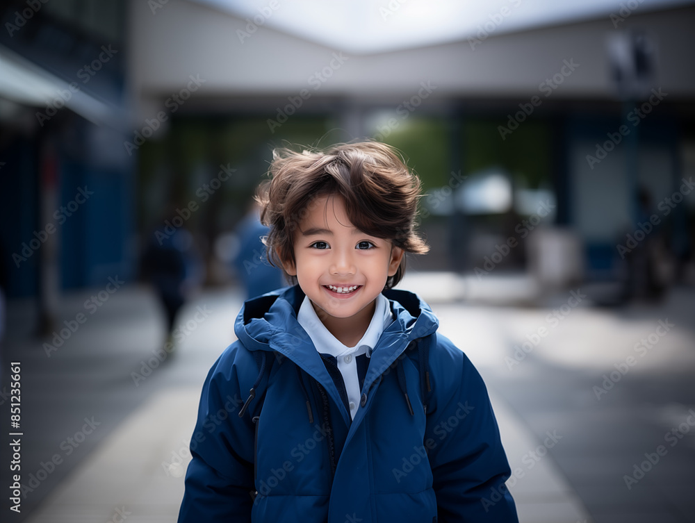 Portrait of an Asian kid wearing a blue outfit on an isolated background with copy space Portrait of an Asian kid wearing a blue outfit on an isolated background with copy space