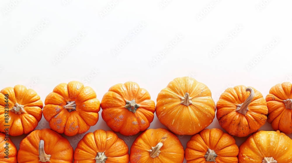A row of orange pumpkins are lined up on a white background A row of orange pumpkins are lined up on a white background