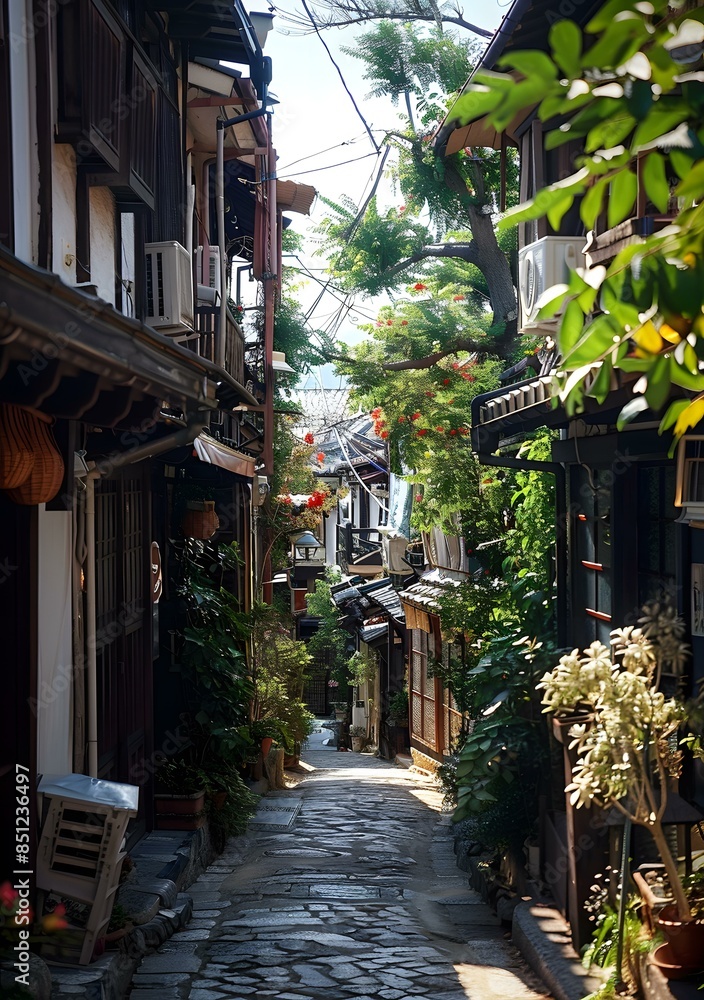 Fototapeta premium Narrow alley with stone path and traditional wooden houses in Kyoto, Japan