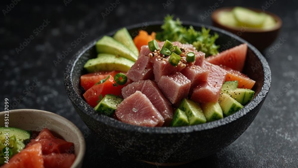 Hand pouring soy sauce to tuna poke bowl on black stone backgrounds with copy space, close up of fresh healthy poke bowl, Japanese food, fusion food, seafood, healthy food concept. Hand pouring soy sauce to tuna poke bowl on black stone backgrounds with copy space, close up of fresh healthy poke bowl, Japanese food, fusion food, seafood, healthy food concept.