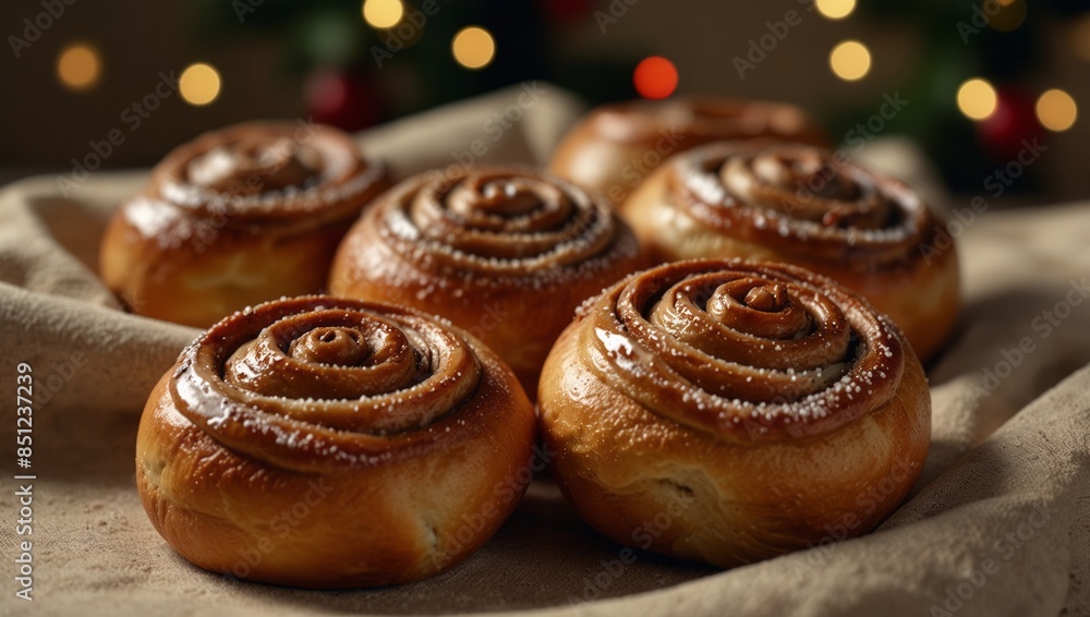 Cinnamon rolls buns christmas baking on a beige cotton fabric background with copy space. Cinnamon rolls buns christmas baking on a beige cotton fabric background with copy space.