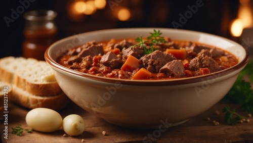 Delicious and Savory Beef Goulash Served in a Bowl with Bread Perfect for Dinner.