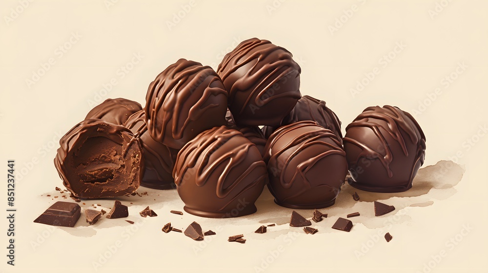 Decadent chocolate truffles with rich filling and drizzled topping against a cream background Decadent chocolate truffles with rich filling and drizzled topping against a cream background