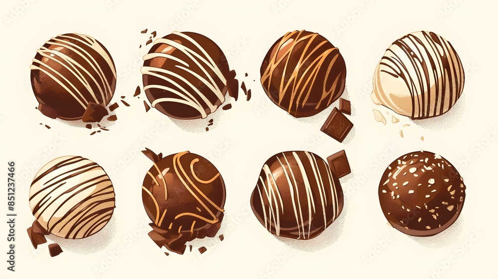Assorted chocolate truffles with toppings and designs, neatly arranged on a light background.