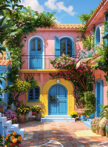 A beautiful Mediterranean courtyard with a blue door © Adobe Contributor