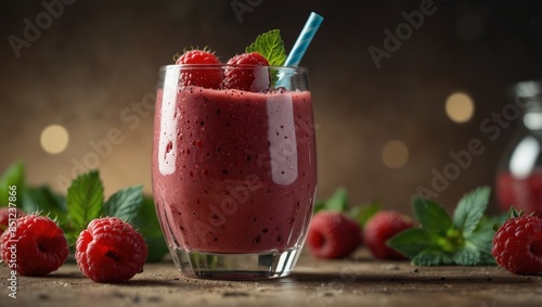 Close up of raspberry smoothie glass decorated with fresh raspberries and mint berries, copy space, summer delight cold drink. photo