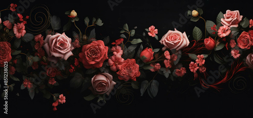 Roses background.Photo of a floral arrangement featuring red and pink roses on a black background.