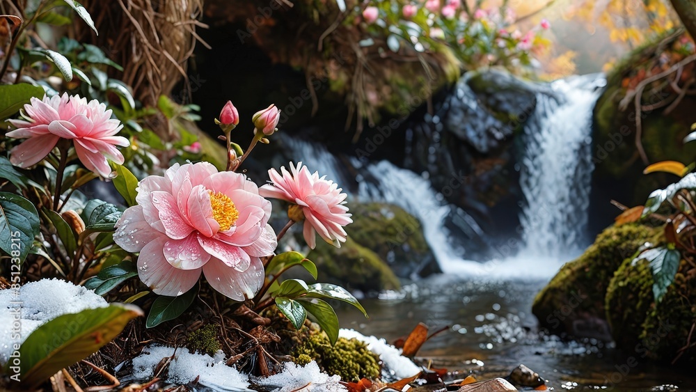 Pink Camellia Flower with Waterfall Background. Pink Camellia Flower with Waterfall Background.