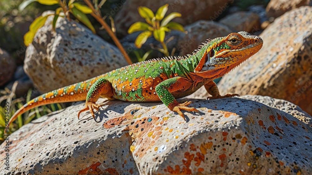 Obraz premium Close-up of a Green and Orange Lizard on a Rock.