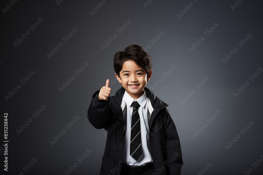 Portrait of an Asian kid wearing a black-white outfit on an isolated background with copy space Portrait of an Asian kid wearing a black-white outfit on an isolated background with copy space