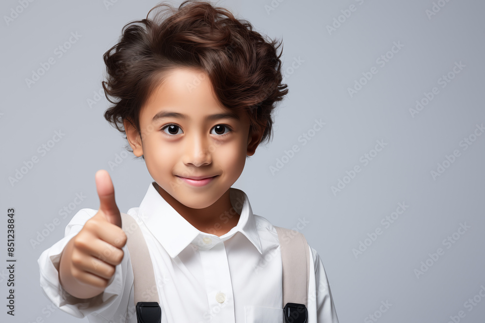 Fototapeta premium Portrait of an Asian kid wearing a black-white outfit on an isolated background with copy space