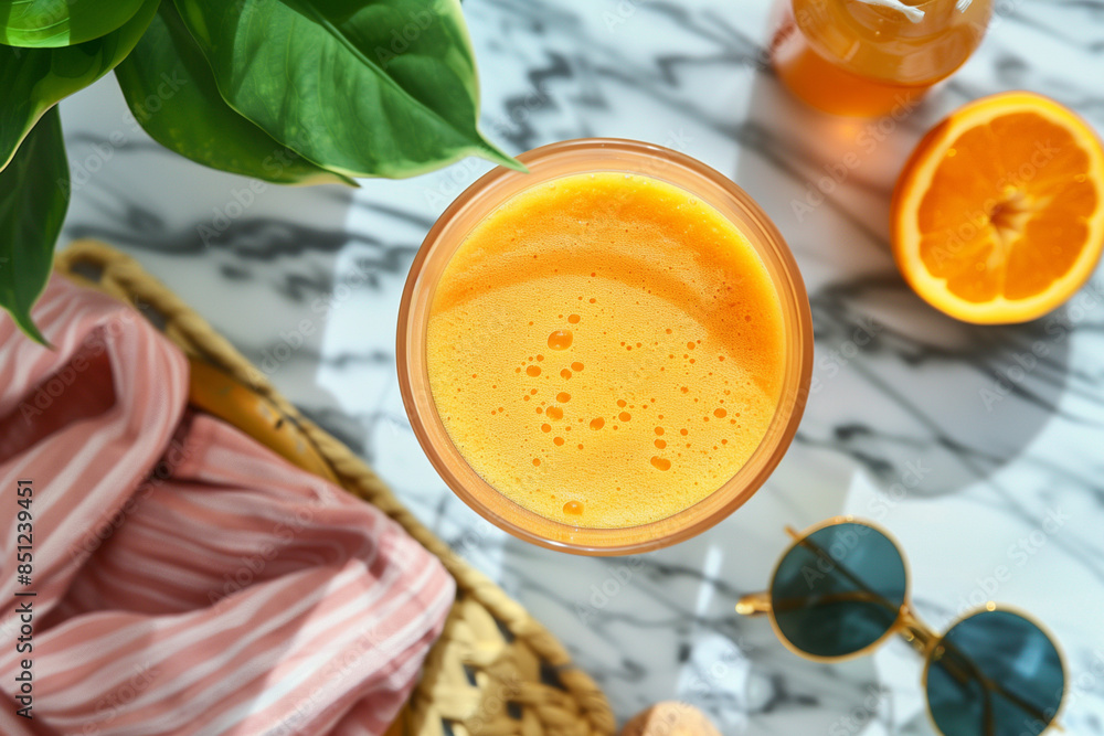 A glass of orange juice sits on a table next to an orange and a plant. Concept of relaxation and leisure, as the juice and the plant suggest a healthy and refreshing lifestyle
