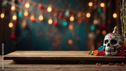 An empty wooden table for product display with a wall with day of the dead holiday decorations Banner format. photo