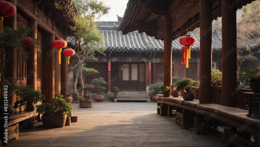 Fototapeta premium Amazing cozy courtyard of traditional Chinese wooden house.