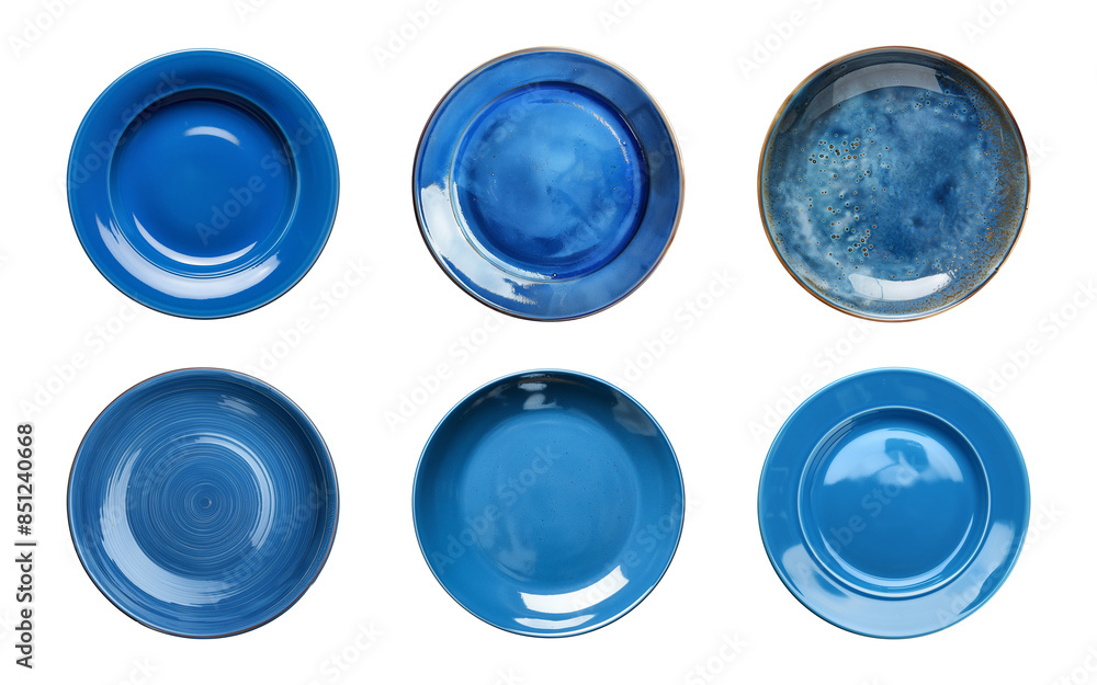 Collection of empty blue plate isolated on a transparent background, top view, cut out, PNG Collection of empty blue plate isolated on a transparent background, top view, cut out, PNG