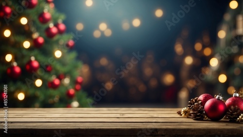 Christmas holiday background with empty tabletop for display your product. photo