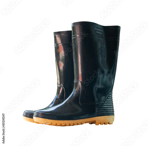 Schilderij op canvas A pair of black gumboots or black boots for working in garden isolated on white
