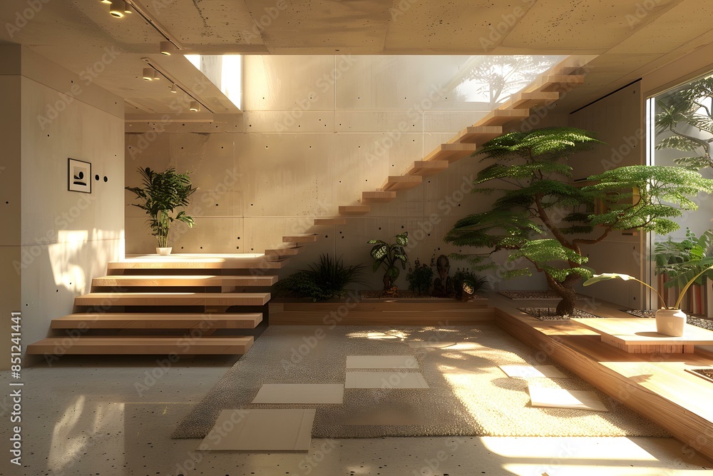 Staircase in a modern house with lots of plants Stock Illustration ...