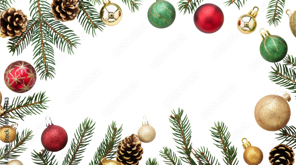 Christmas frame. Red, gold and green christmas decoration on transparent or white background Christmas frame. Red, gold and green christmas decoration on transparent or white background