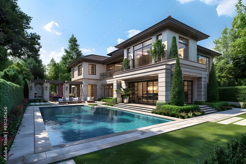 A luxurious house with a pool and a beautiful backyard A luxurious house with a pool and a beautiful backyard
