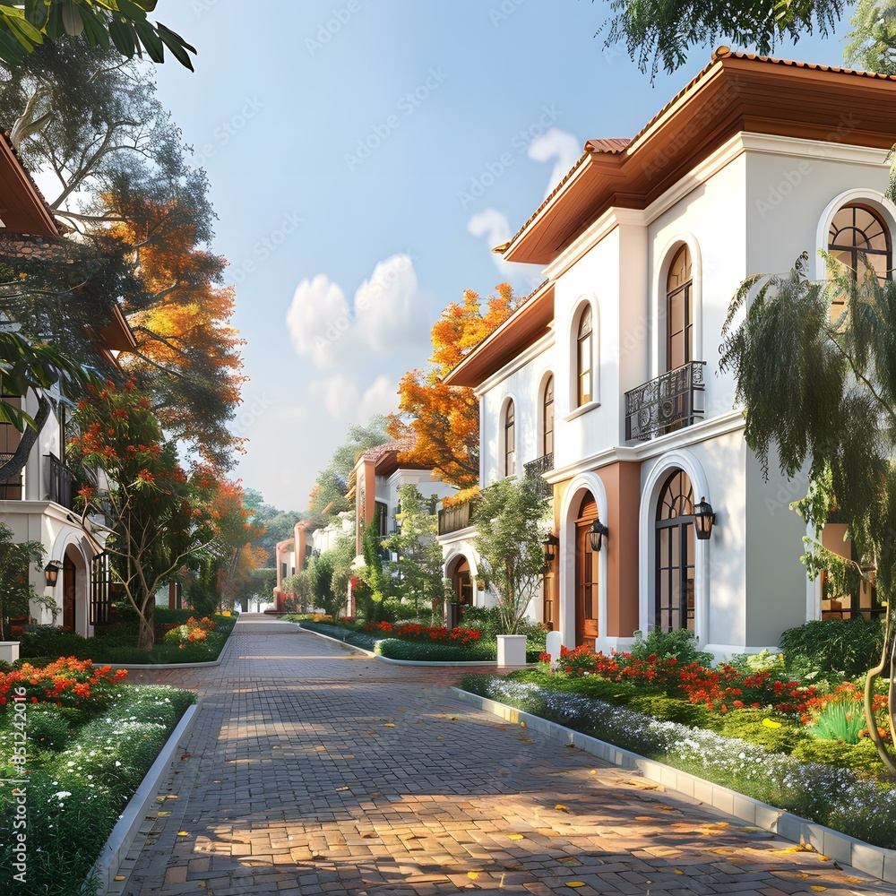 Fototapeta premium Beautiful residential street with elegant houses